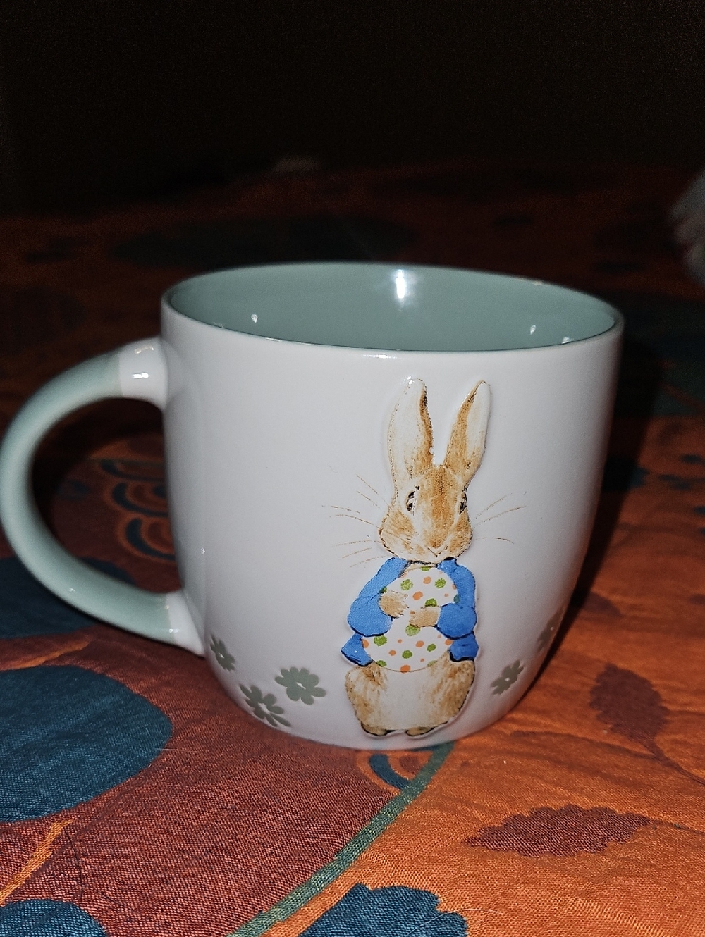 White Ceramic Peter Rabbot Mug with Mint Interior And NWOT